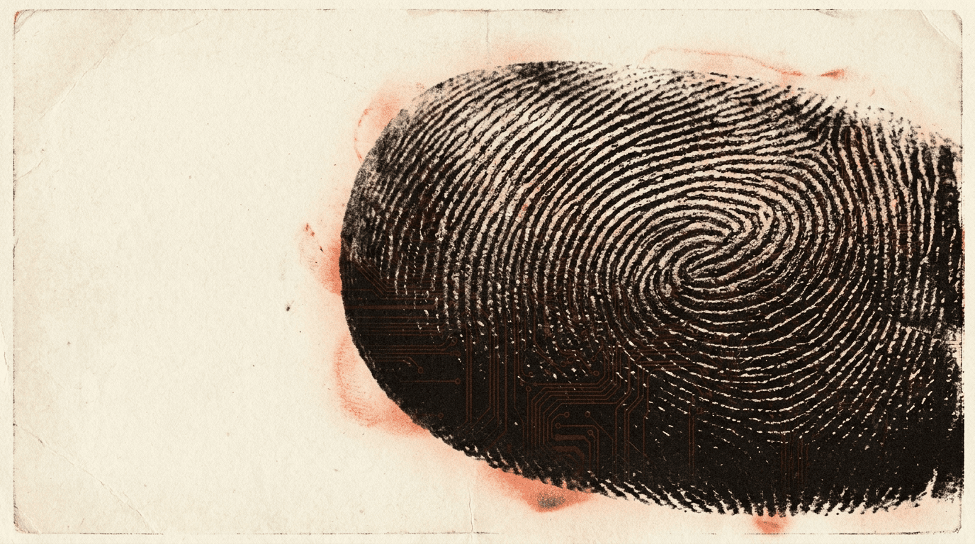 A large dominating human thumbprint rendered as a 1968-era rock album cover plate — concentric whorls in deep warm-black ink on cream paper, with a blood-orange screen-print misregistration bleeding around the edges of the print