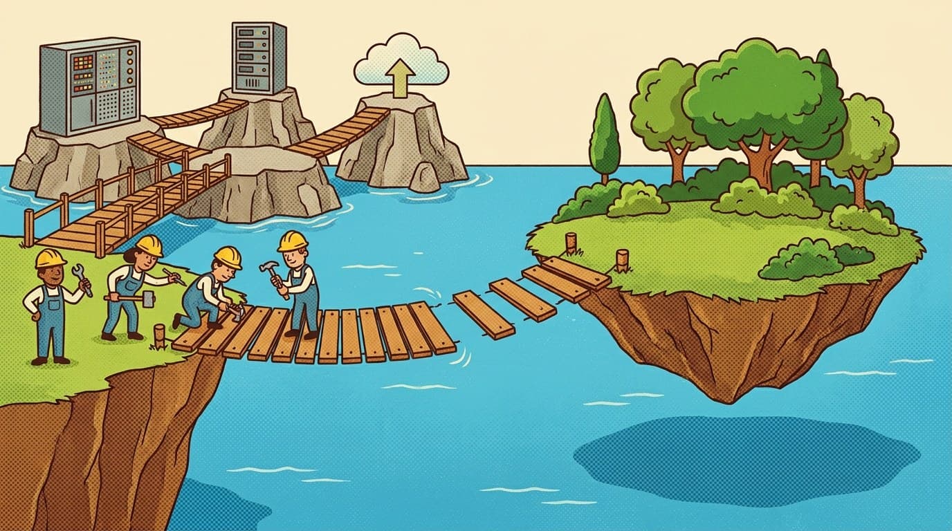 Retro cartoon illustration of a small team building a wooden footbridge from a cliff toward an island that is drifting away, leaving a widening gap over the water; earlier, sturdier bridge sections behind them connect cliffs that stopped moving long ago