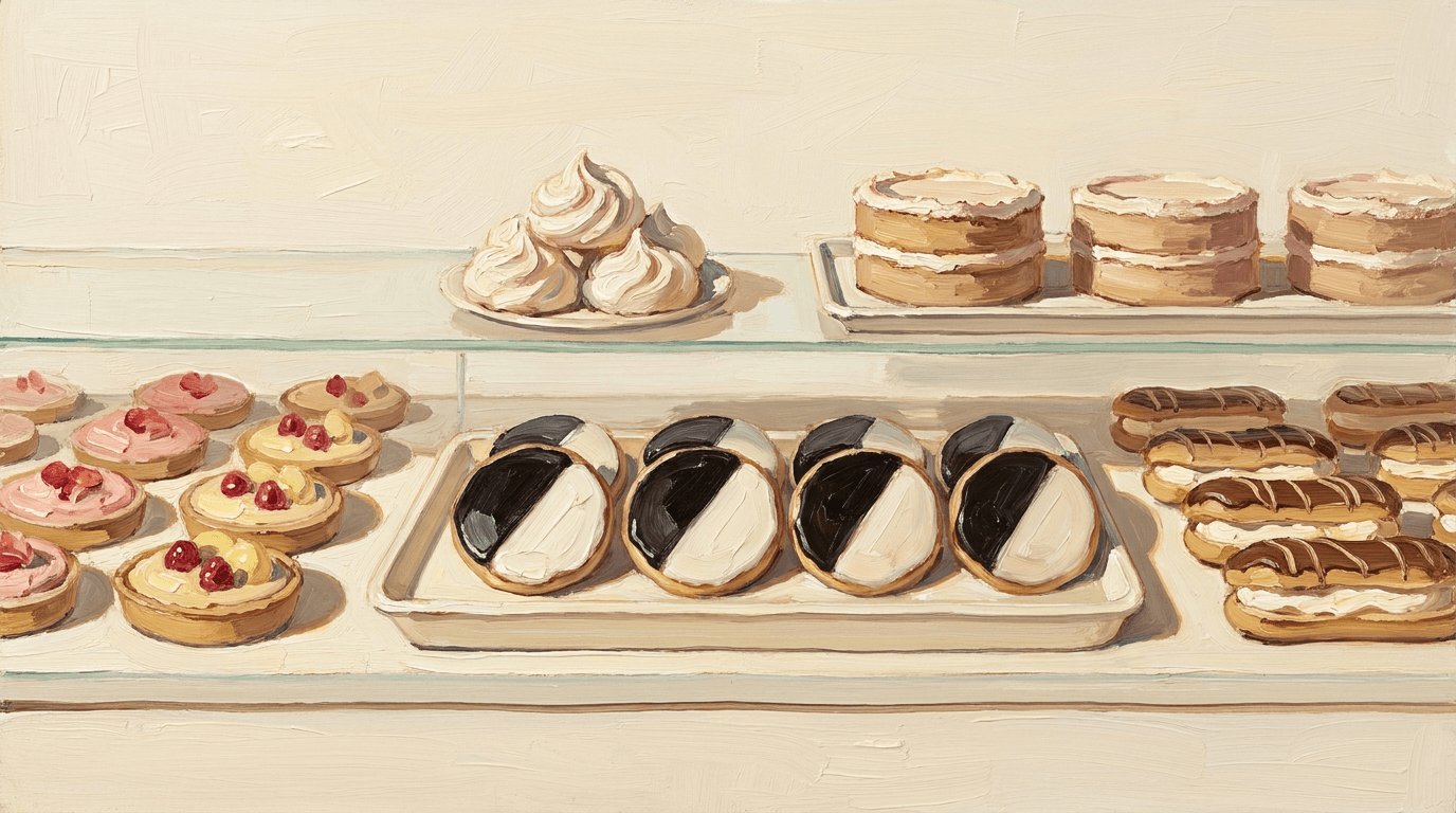 A Wayne Thiebaud-style bakery counter scene — a tray of classic New York black-and-white cookies front-and-center on the lower glass shelf, each cookie half glossy obsidian-black icing and half pure ivory-white icing with a clean straight seam. Flanked by pink-iced raspberry tarts on the left and a tray of glazed eclairs on the right. Upper shelf holds meringues and a row of frosted layer cakes. Thick impasto brushwork, soft warm side-light, crisp beige shadows, pale cream wall behind.