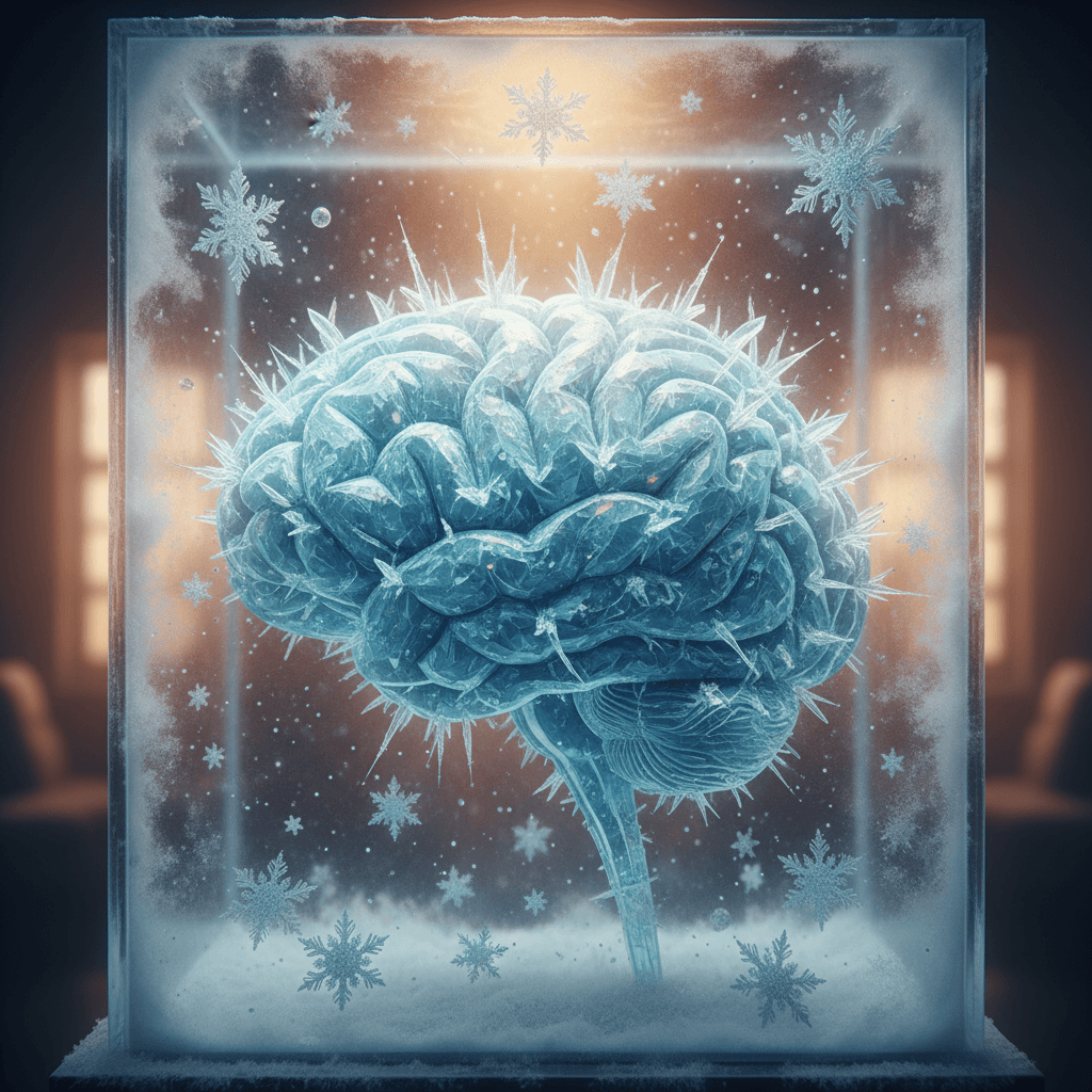 AI brain made of ice crystals and frozen neural pathways encased in glass