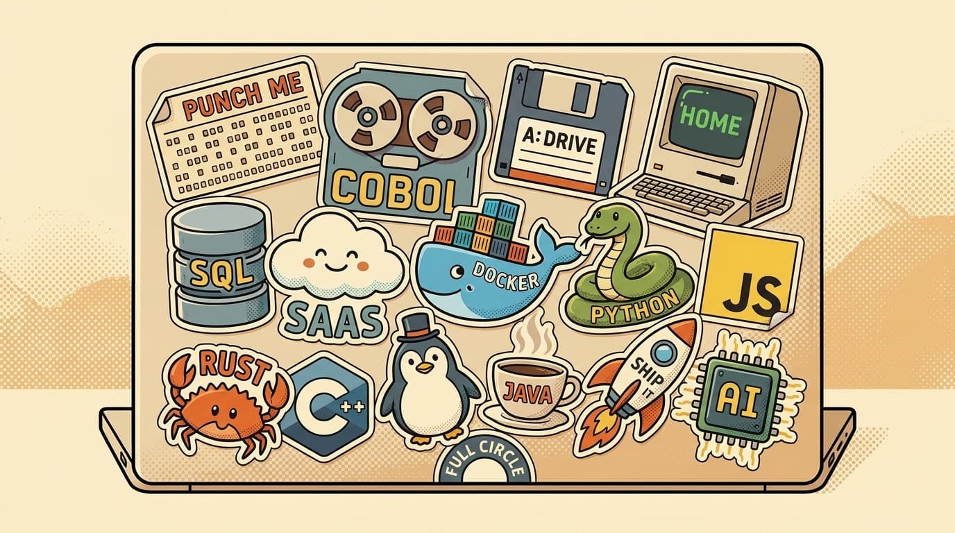 Retro cartoon illustration of a laptop lid covered in die-cut vinyl stickers spanning six decades of computing — a punch card, a COBOL tape reel, a floppy disk, a CRT terminal, an SQL database, a SaaS cloud, a Docker-style whale carrying containers, a Python snake, a JS square, a Rust crab, a C++ hexagon, a Java coffee cup, a penguin, a SHIP IT rocket, an AI chip, and a Full Circle badge